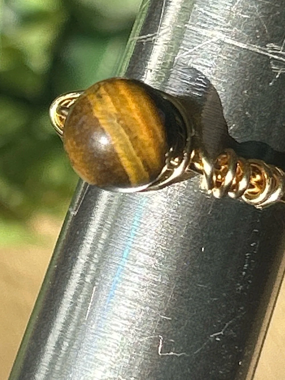 Handmade tigers eye wire wrapped crystal ring - size 8